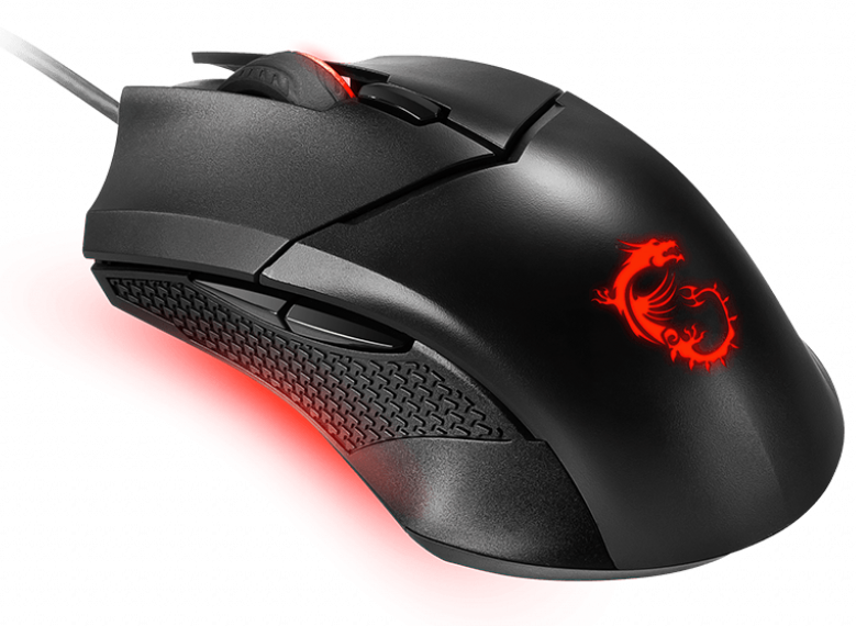 Schwarze Gaming-Maus mit rotem Drachenlogo und roten Lichteffekten, auf schwarzem Hintergrund.