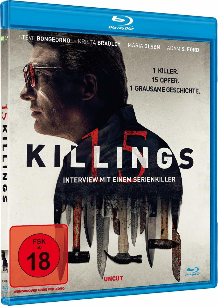 Blu-ray-Cover: Mann mit Sonnenbrille, Titel '15 Killings', Bilder von Messern, Hämmern und Blut.