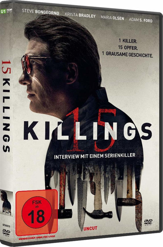 DVD-Cover für '15 Killings' mit einem Männergesicht und Messern. Rote '18'-Bewertung.