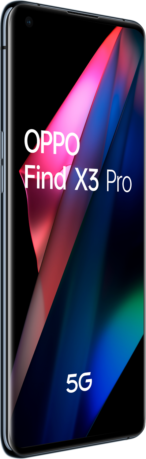 Un smartphone Oppo Find X3 Pro azul, con un diseño de gradiente colorido en la pantalla.
