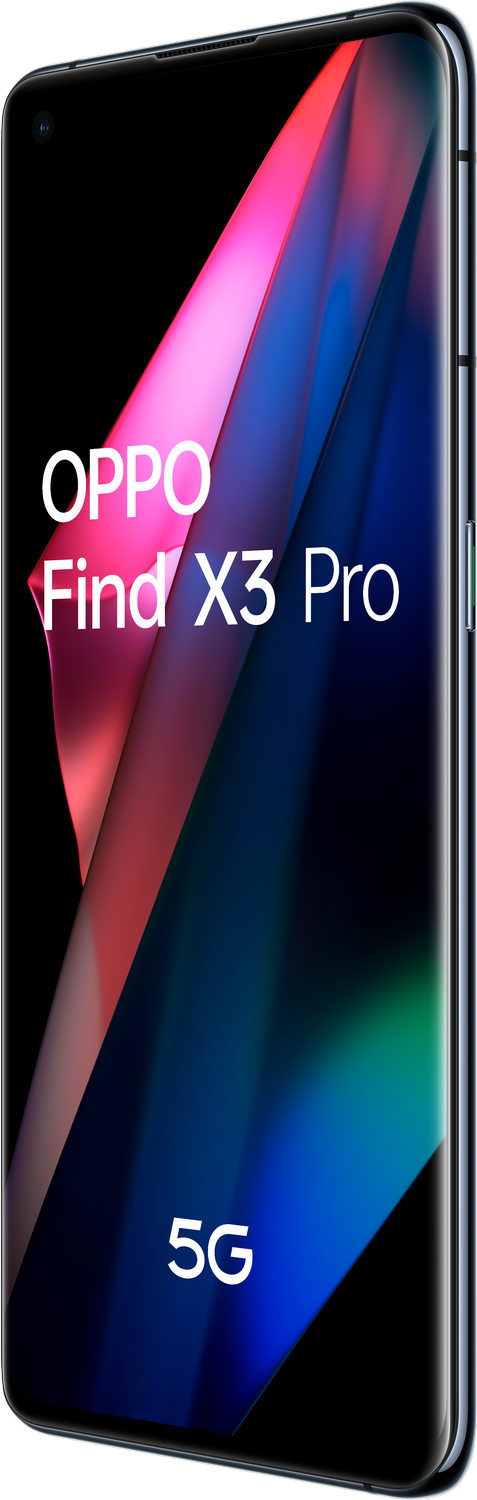 Teléfono OPPO Find X3 Pro, pantalla negra con abstracto de color, marco plateado y texto 5G.
