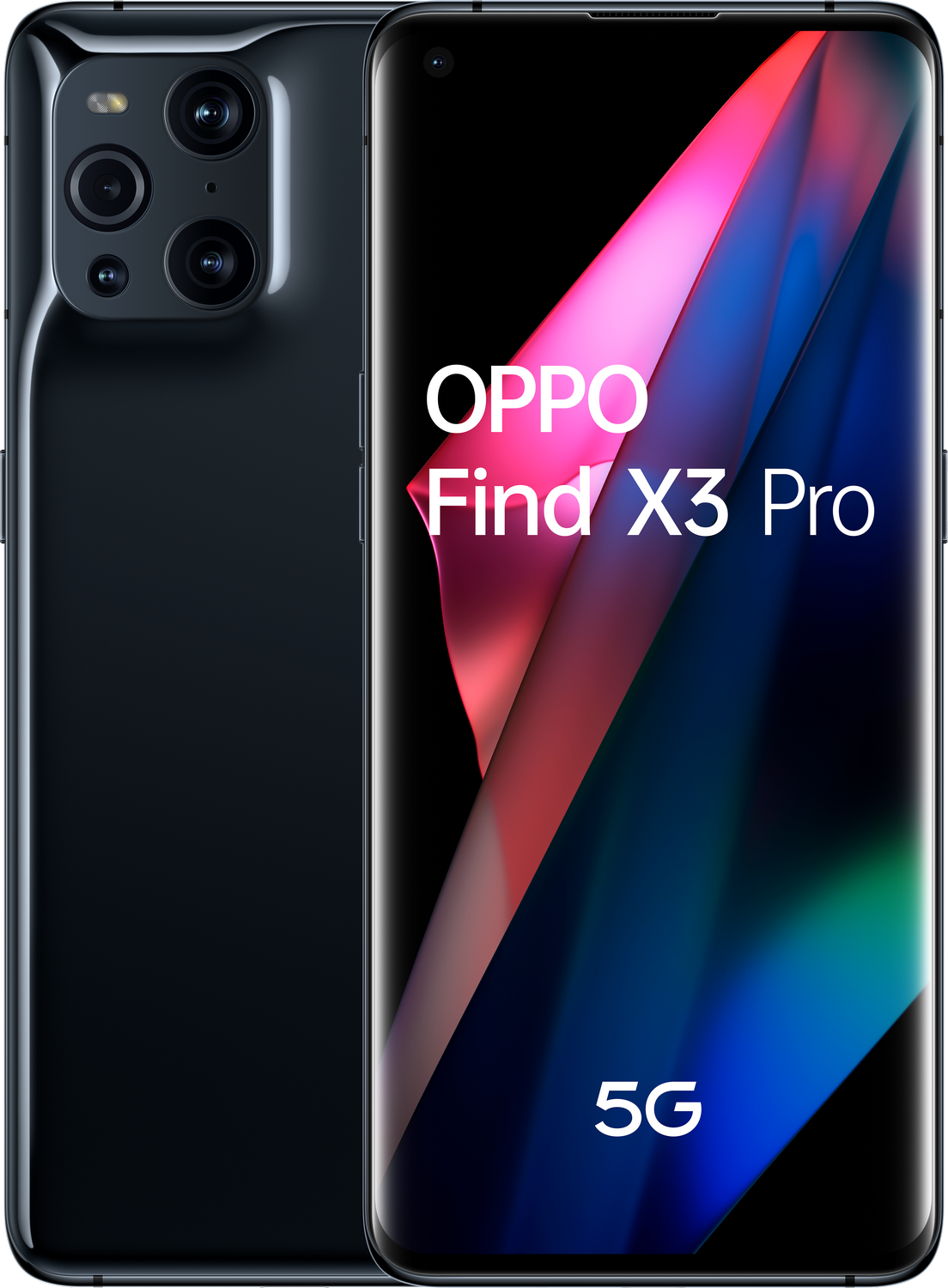 Smartphone Oppo Find X3 Pro negro, triple cámara trasera. La parte delantera muestra colores abstractos.