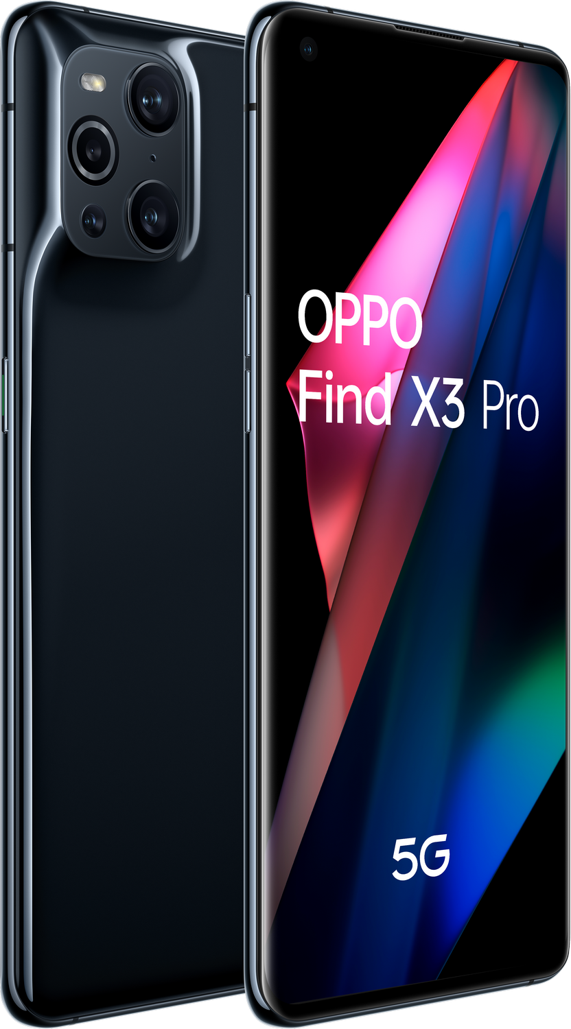 Teléfono Oppo Find X3 Pro negro con pantalla colorida y cámaras traseras múltiples.