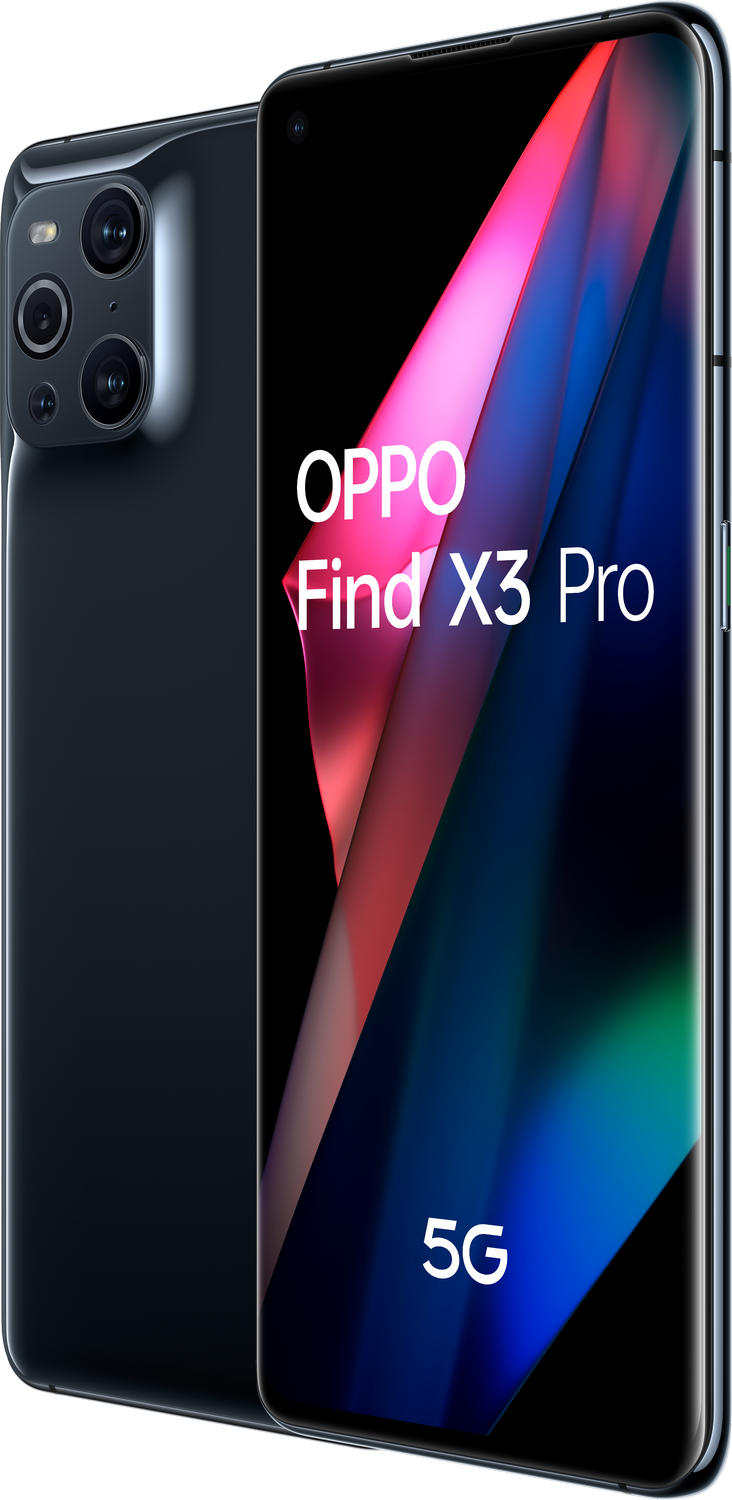 Teléfono OPPO Find X3 Pro 5G. Teléfono negro con varias cámaras. Pantalla muestra diseño colorido.