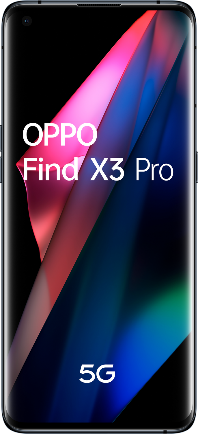 Un smartphone OPPO Find X3 Pro con un fondo abstracto vibrante y texto 5G.