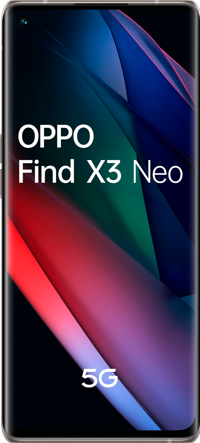 Un teléfono inteligente con OPPO Find X3 Neo mostrado, en un diseño colorido.