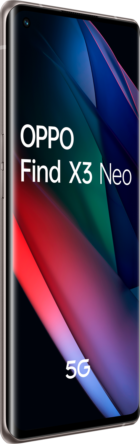 Un teléfono inteligente dorado que muestra el OPPO Find X3 Neo con un fondo colorido.