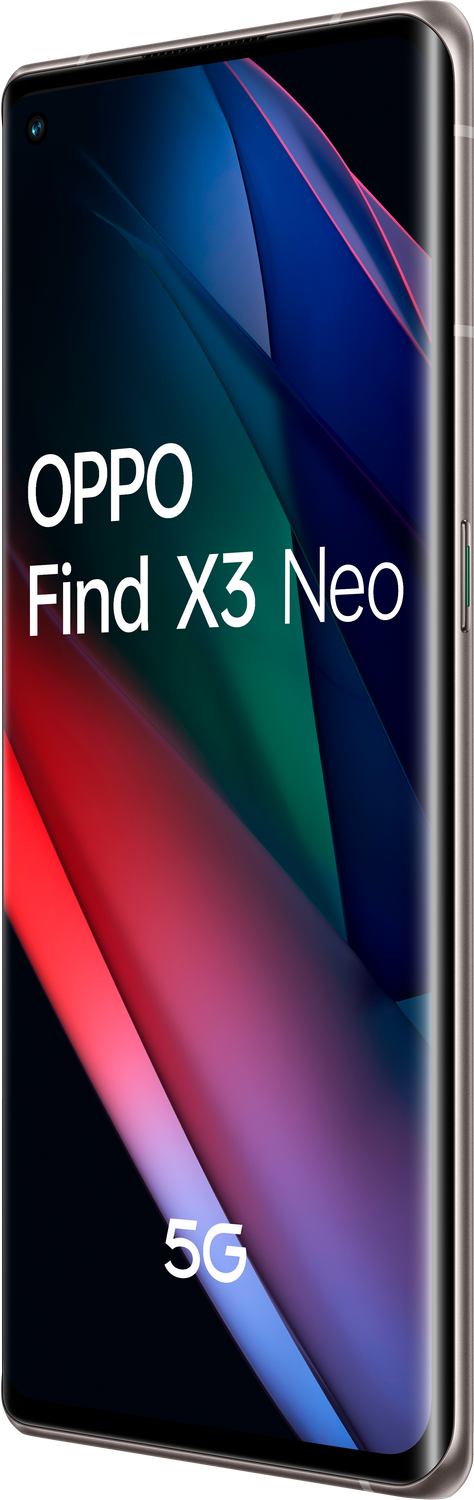 Teléfono OPPO Find X3 Neo en color dorado, vista en ángulo.