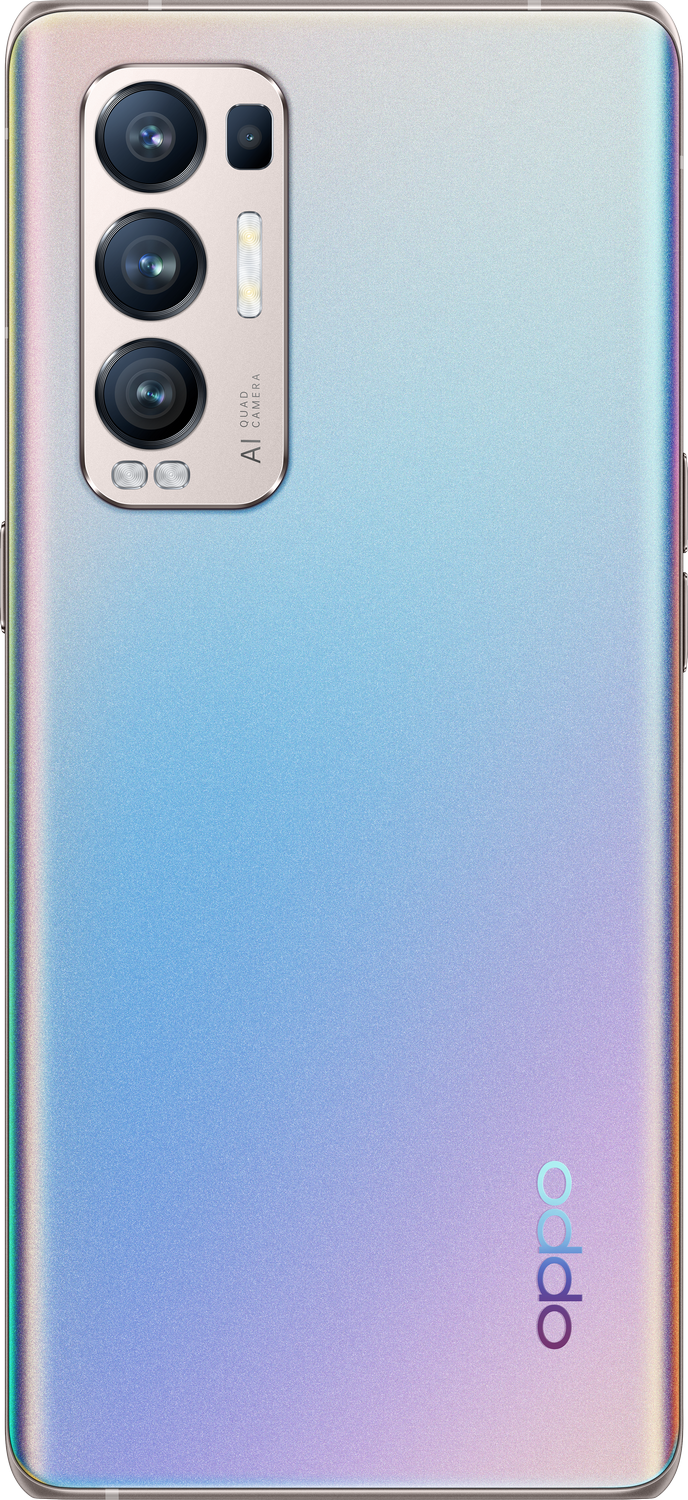 Vista trasera de un smartphone con varias cámaras. Tiene un color degradado, con el logo de Oppo.