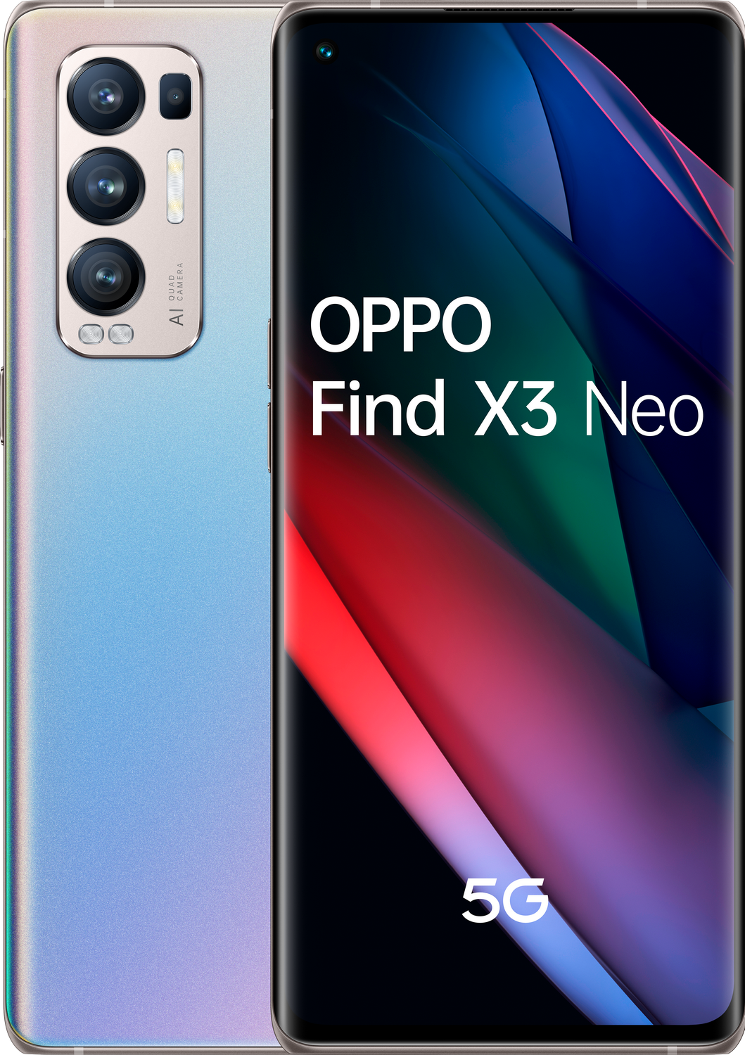 Teléfono OPPO Find X3 Neo. Parte trasera degradado azul y pantalla colorida.