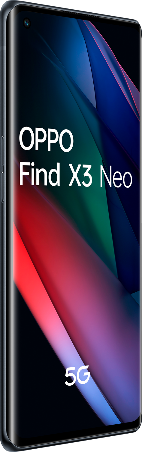 Un smartphone con un degradado azul oscuro en la parte trasera. La pantalla muestra "OPPO Find X3 Neo" y "5G".
