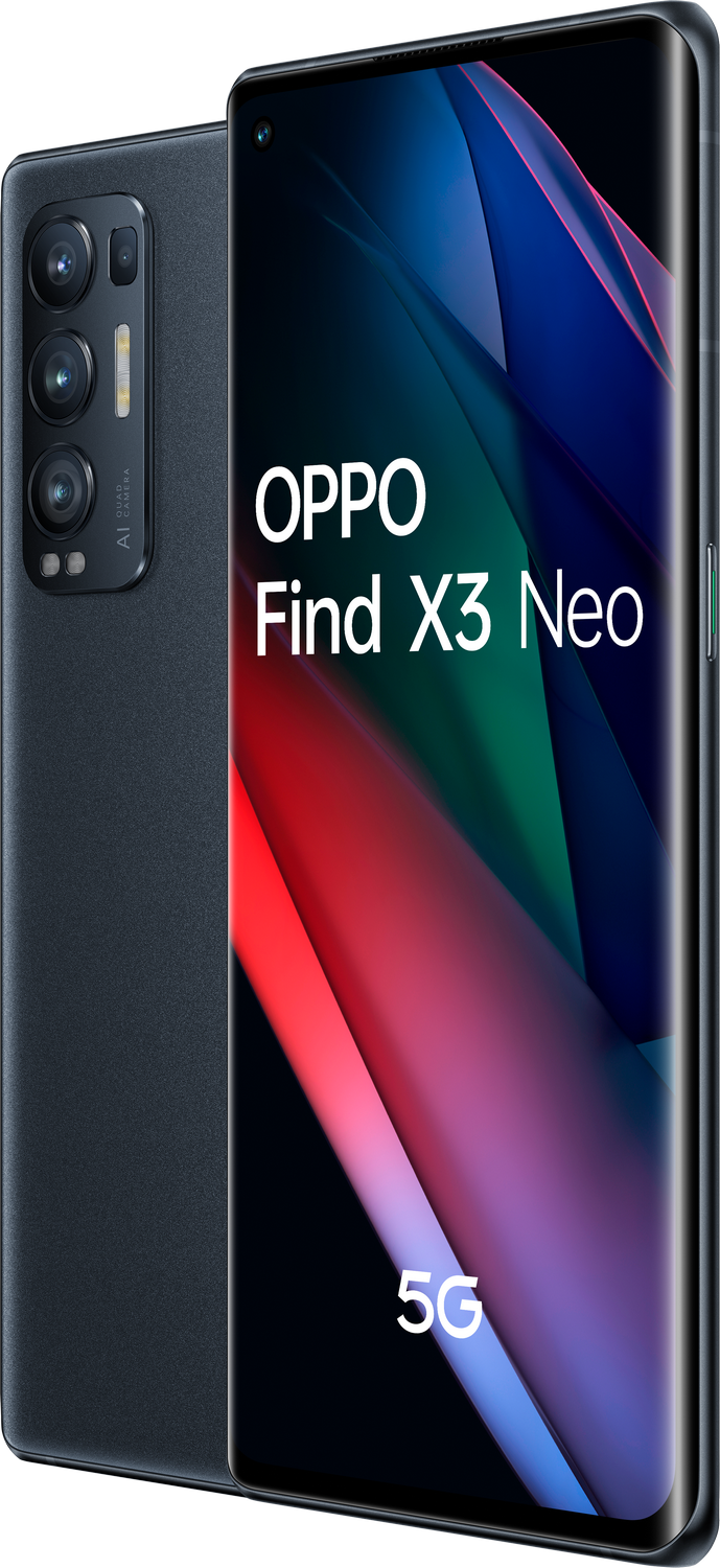 Un smartphone Oppo Find X3 Neo negro, con pantalla curva, que muestra un fondo de pantalla colorido.