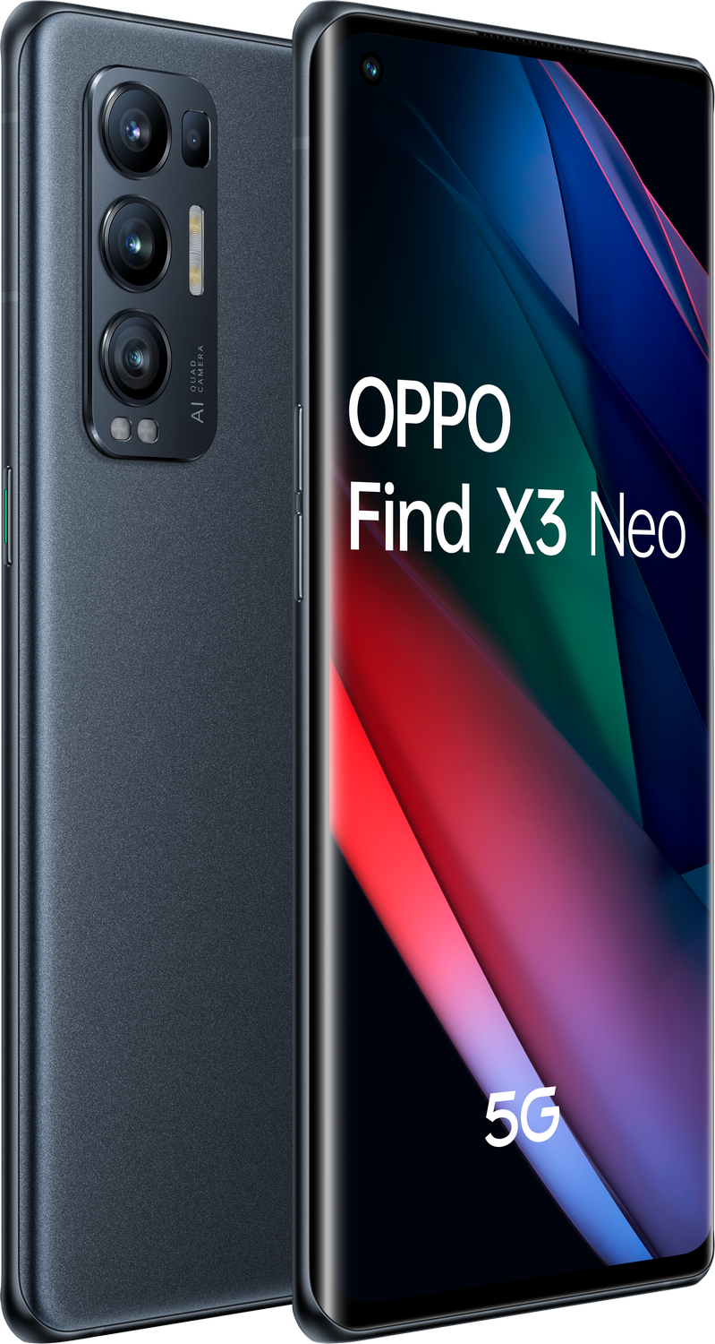 Smartphone OPPO Find X3 Neo. Cuerpo azul oscuro, tres cámaras, logo 5G visible.