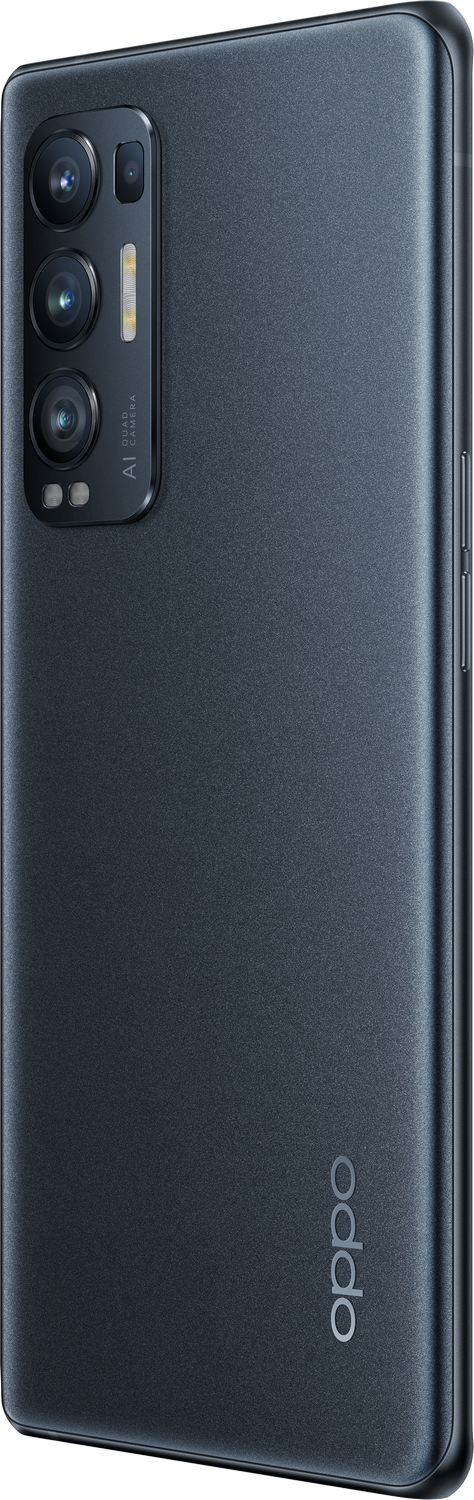 Smartphone azul oscuro con tres cámaras traseras y el logo de Oppo, vista lateral.