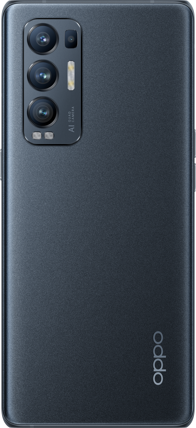 Parte trasera del teléfono gris oscuro que muestra la matriz de la cámara y el logotipo de Oppo.