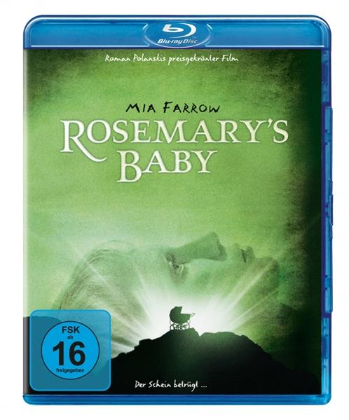 Blu-ray-Cover für Rosemary's Baby, mit Mia Farrow, einem Kinderwagen und grünem Hintergrund.