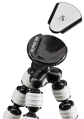 A flexible tripod with black legs and white rubber feet, with a detached mounting plate.