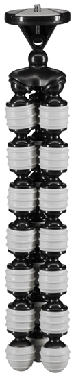 A black and white flexible tripod. The legs are bendable and have rubber feet.
