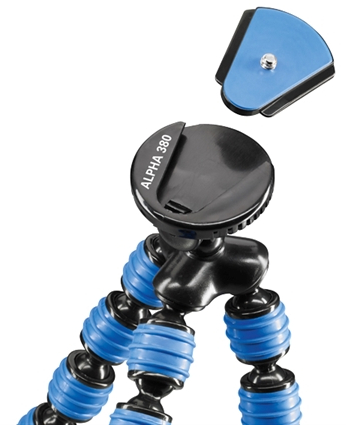 A black and blue flexible tripod for a camera. It has a ball head and blue, bendable legs.