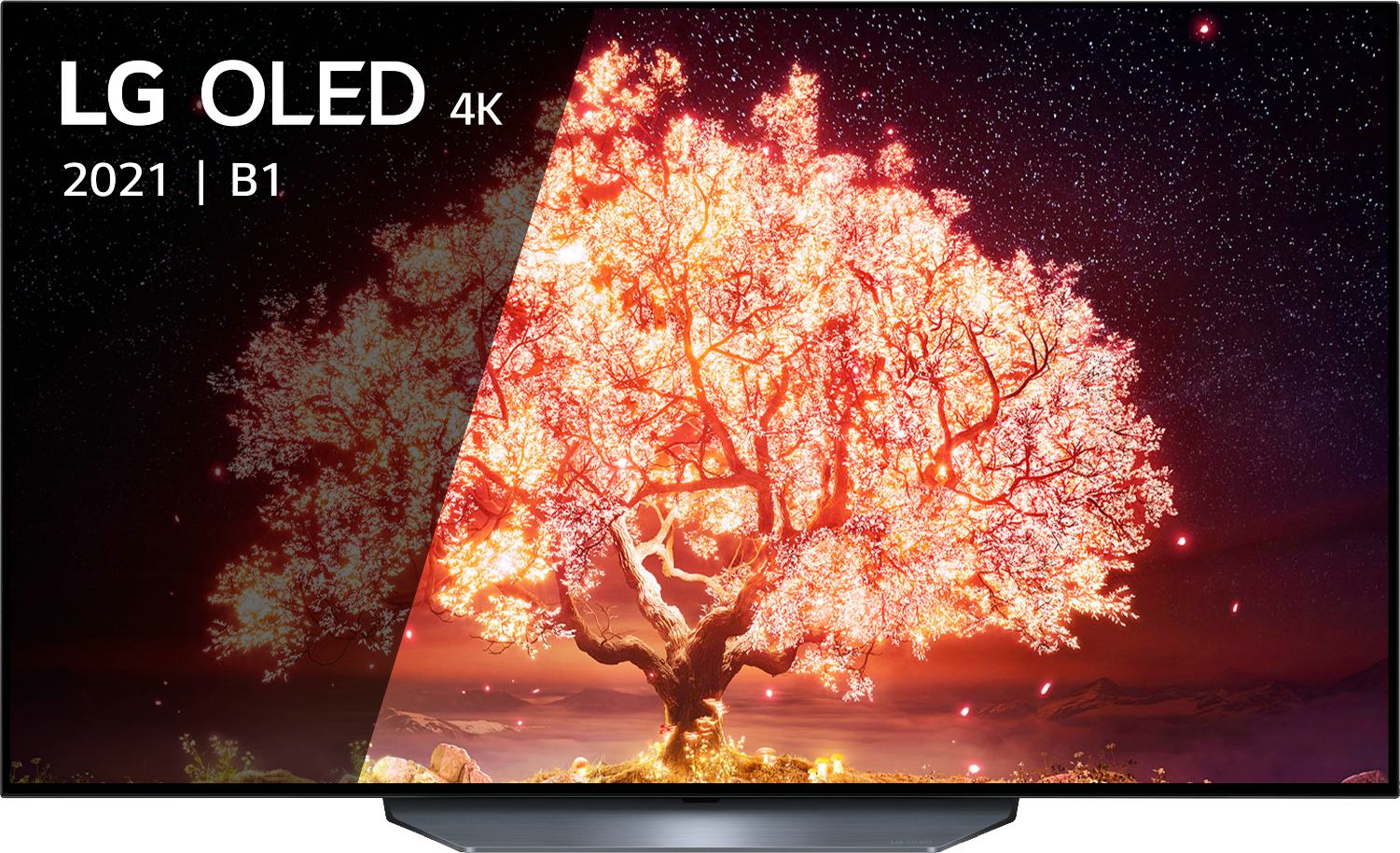 Een grote LG OLED TV met een kleurrijk beeld.