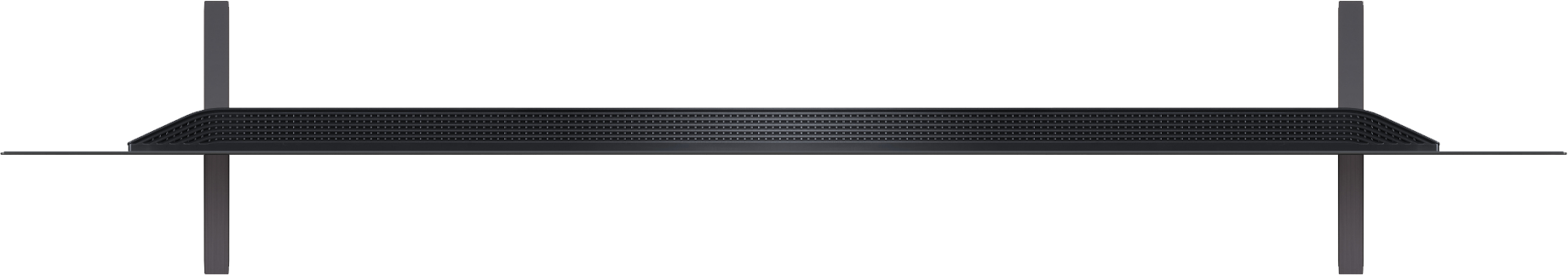 Een zwarte soundbar met een zwarte achtergrond en twee verticale balken.