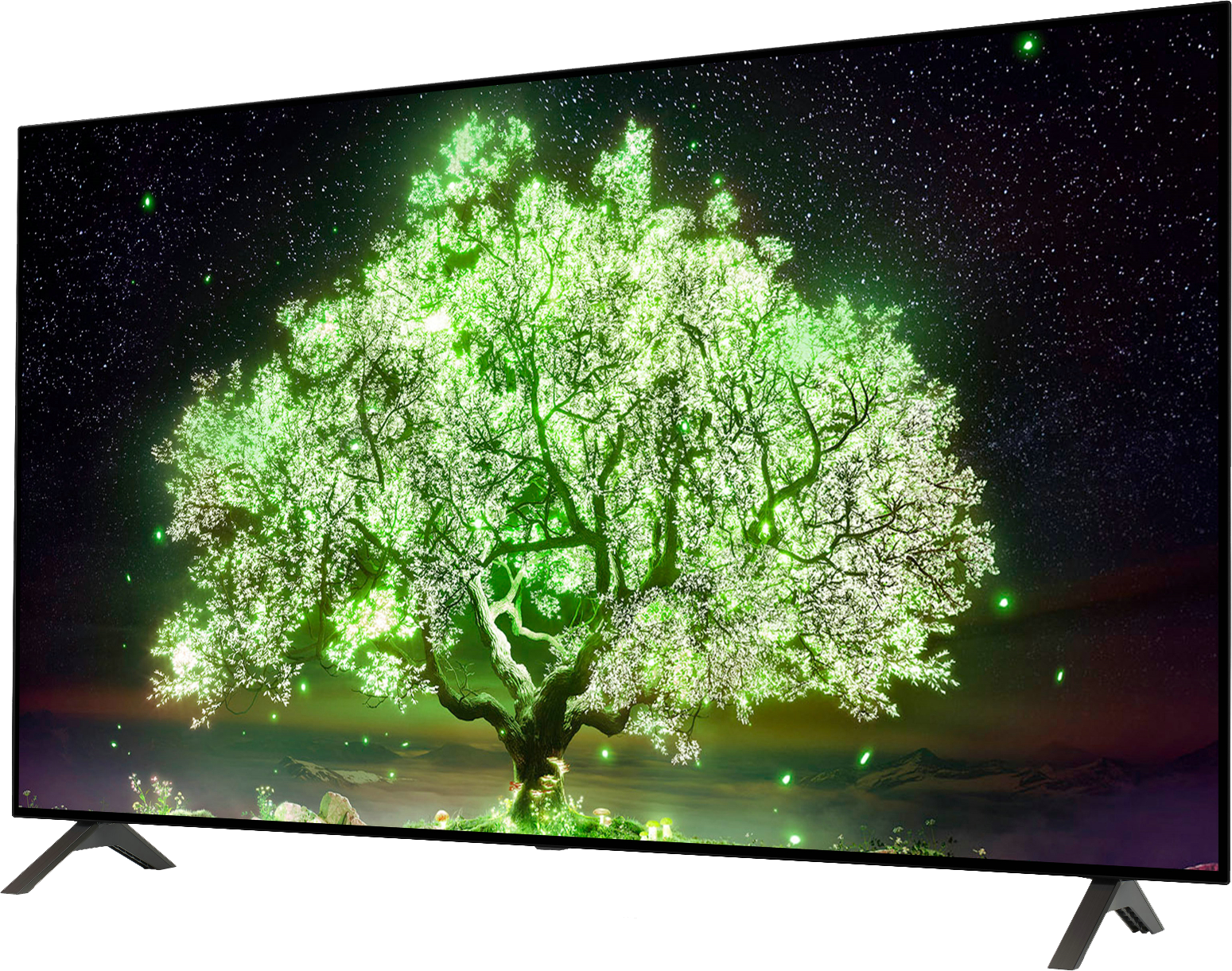 Een groot tv-scherm toont een gloeiende groene boom tegen een sterrenhemel en een donker kader.