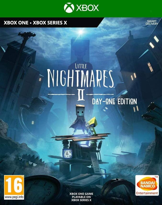 Portada de videojuego: Little Nightmares II, con un personaje en una ciudad oscura.
