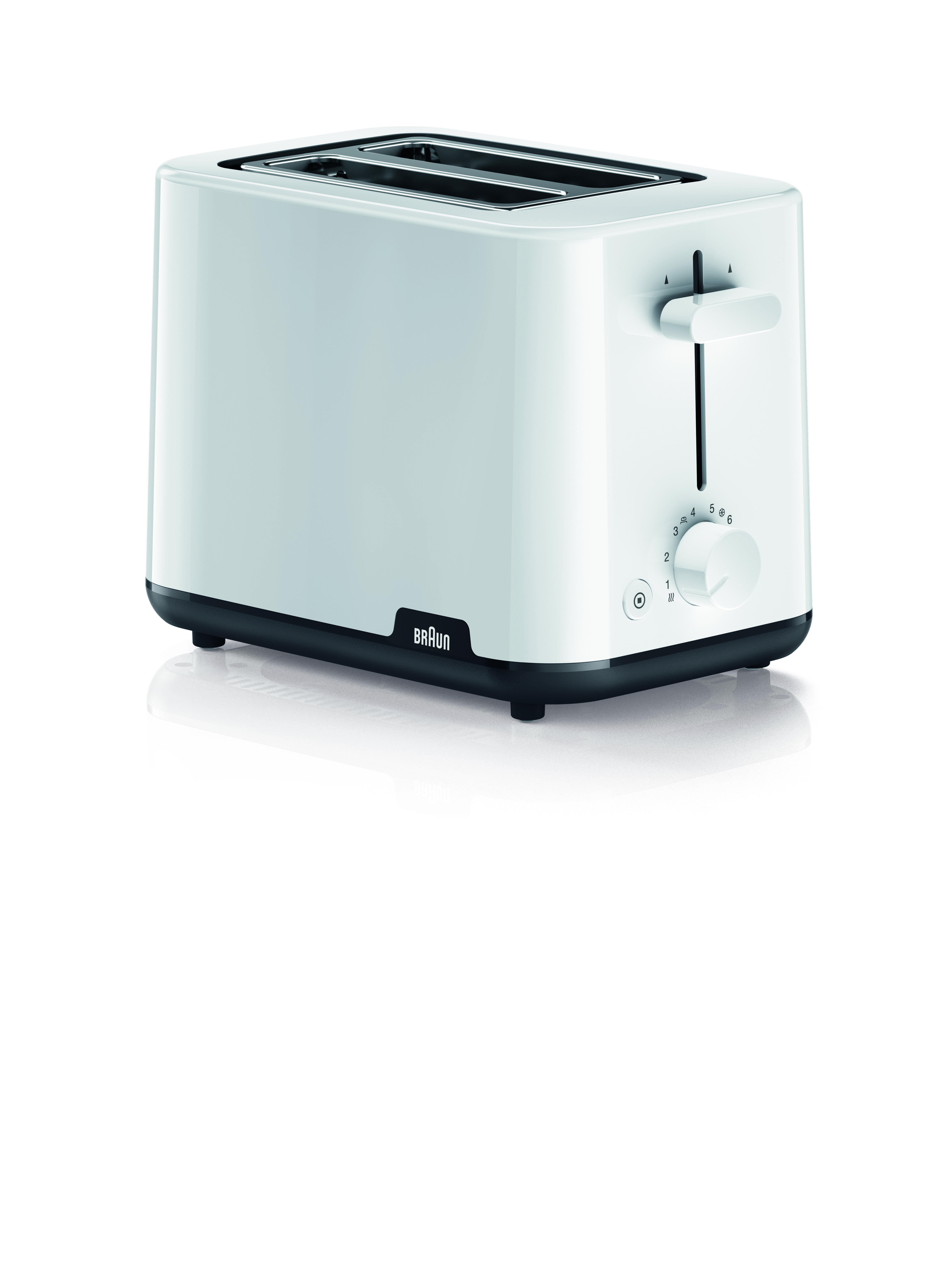 Ein weißer Braun-Toaster mit zwei Schlitzen, einem Hebel und einem Drehregler. Er steht vor weißem Hintergrund.