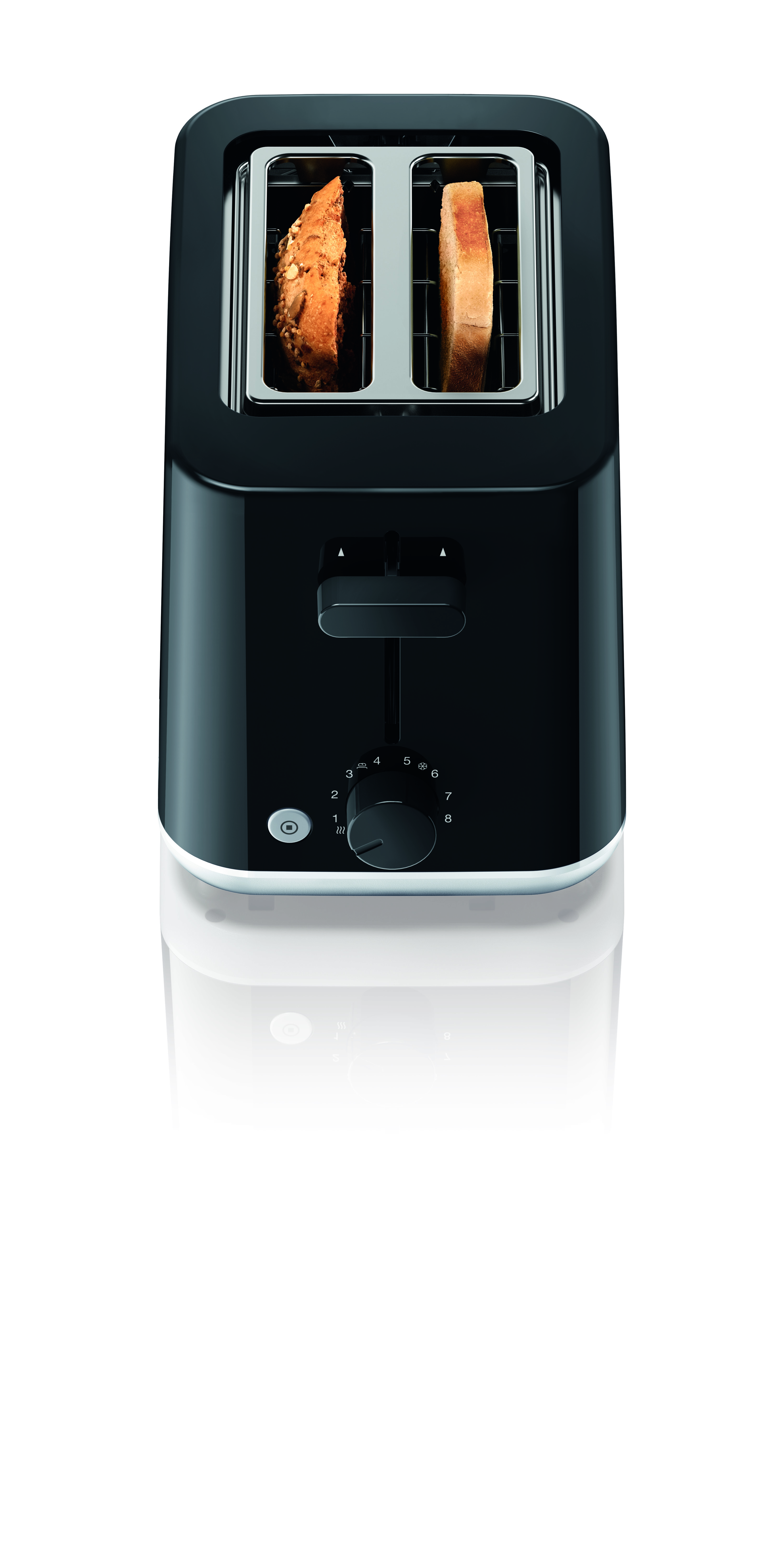 Schwarzer Toaster mit zwei Toastbrotscheiben. Mit Drehregler und Hebel.