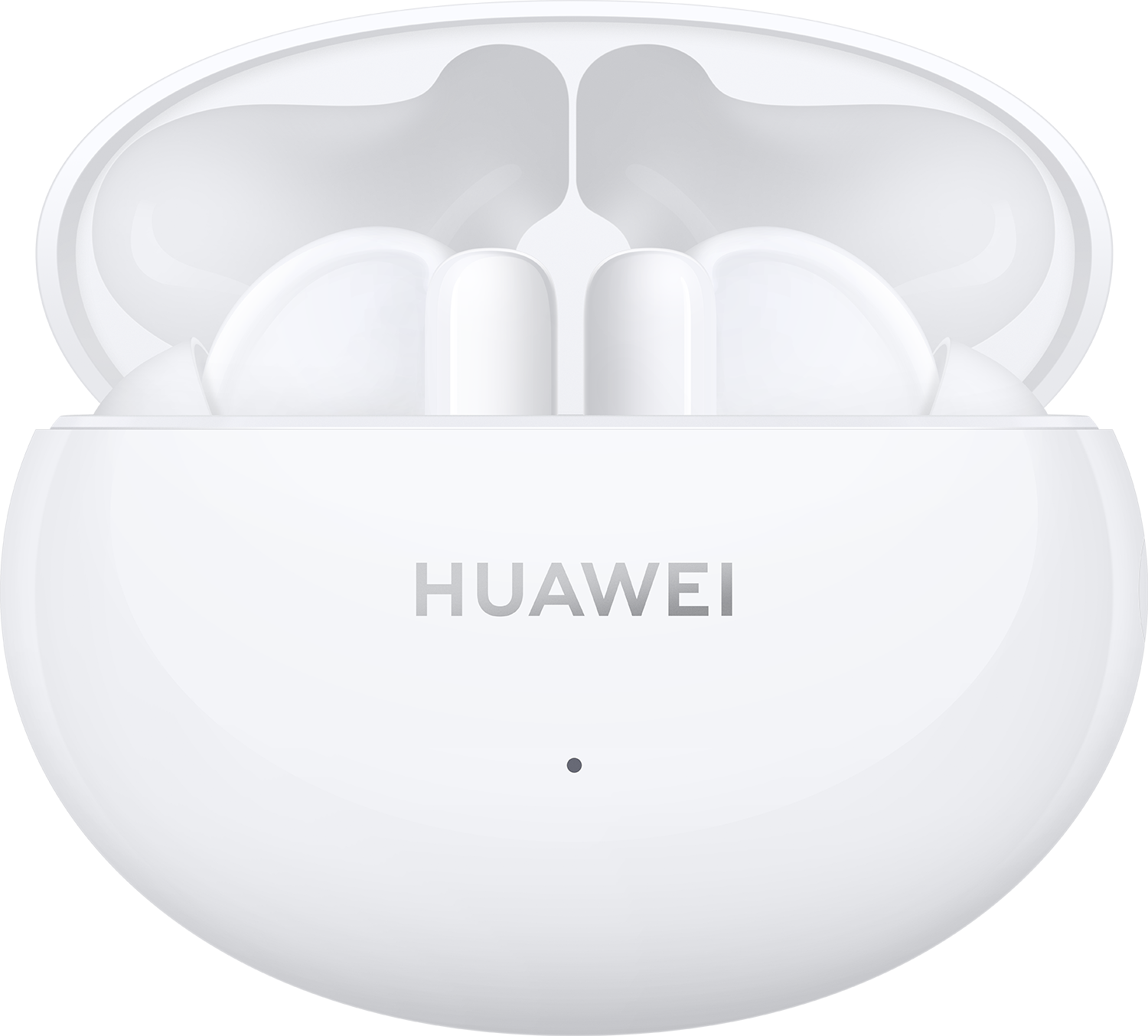 Weiße Huawei-Kopfhörer-Ladehülle, Deckel offen, Ohrhörer sichtbar.