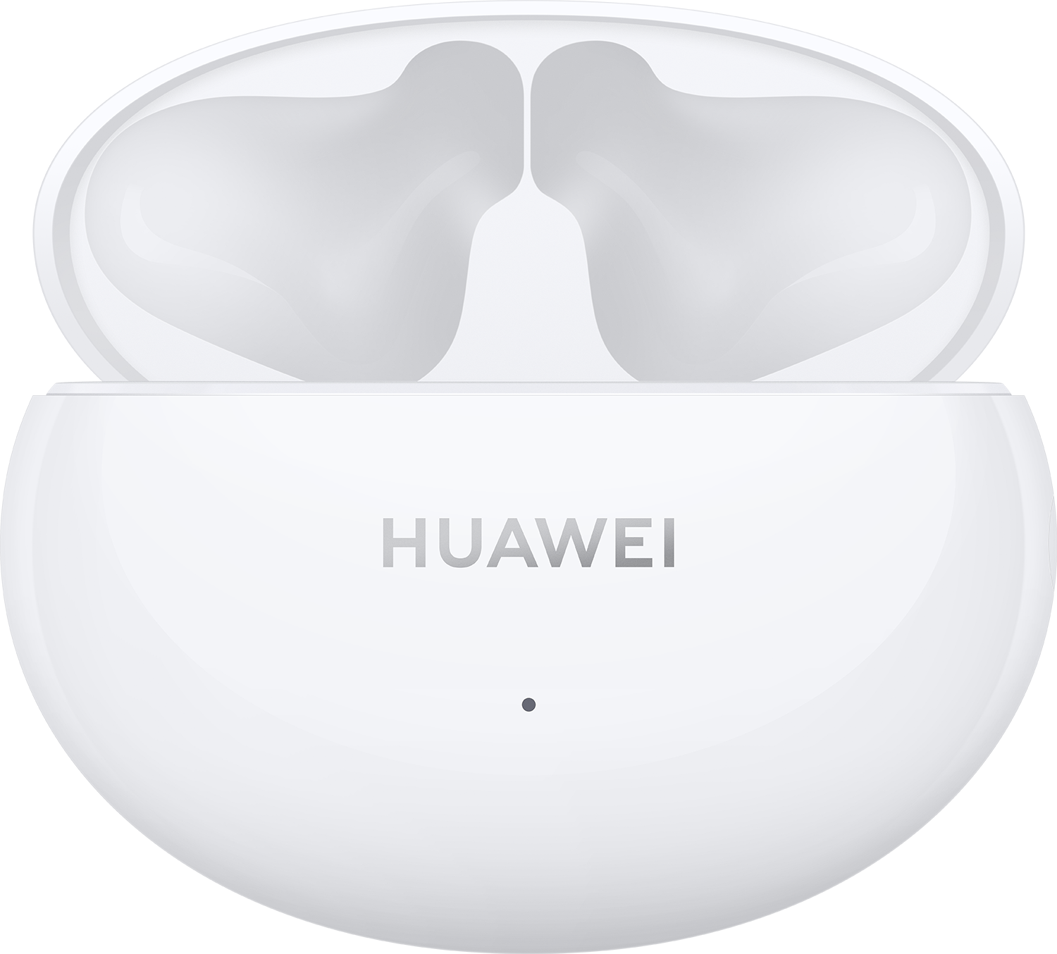 Weißes Kopfhörer-Etui. Der obere Teil ist offen und zeigt das Innendesign und die Marke HUAWEI.