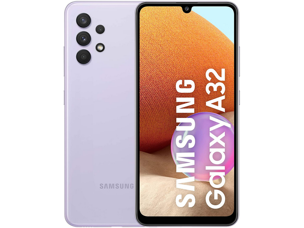 Smartphone Samsung Galaxy A32 lila. Tres cámaras traseras y una cámara frontal son visibles.