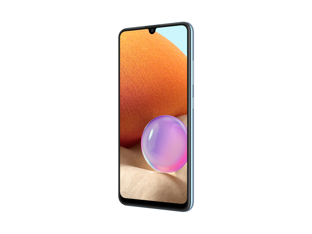 Un teléfono inteligente azul con una pantalla naranja y morada. El teléfono está inclinado hacia la derecha.