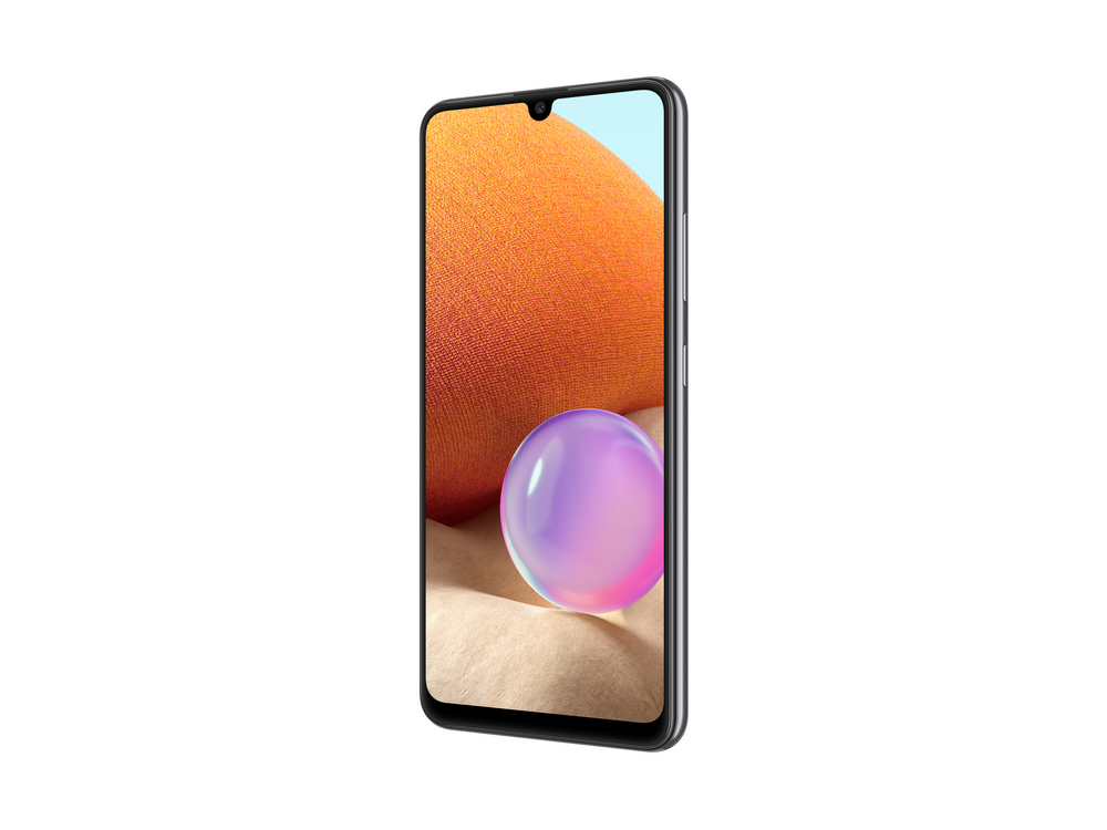 Smartphone en marco, morado y negro, fondo naranja con una esfera morada y rosa en la pantalla.