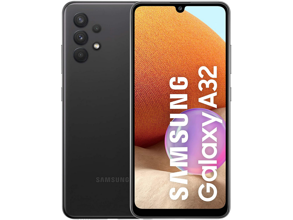 Smartphone Samsung Galaxy A32 negro con tres cámaras traseras.