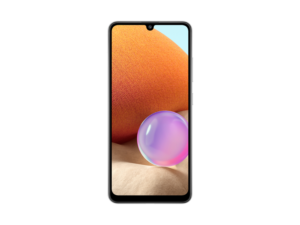 Vista frontal del teléfono, la pantalla muestra fondo naranja y beige con una burbuja morada.