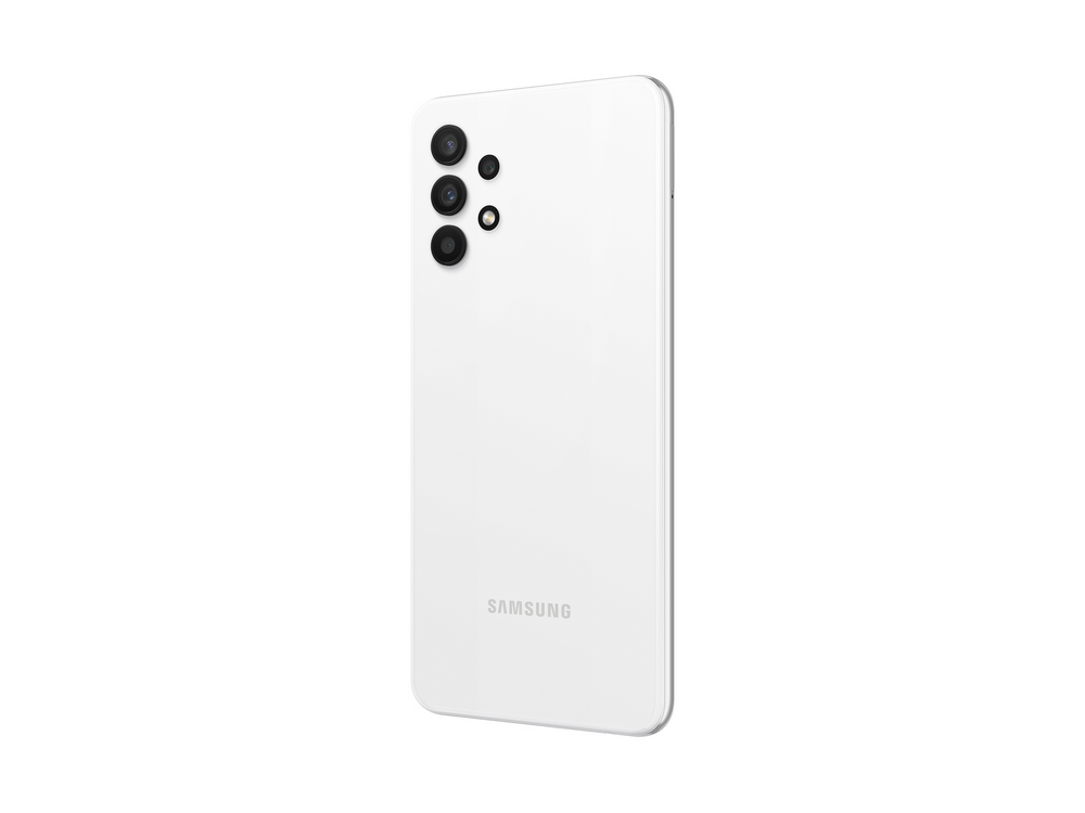 Teléfono Samsung blanco, vista trasera, con tres cámaras y el logotipo de Samsung.