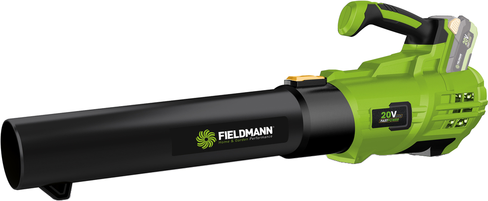 Zöld-fekete lombfúvó fekete fúvókával. Látható a 'Fieldmann' márkanév.