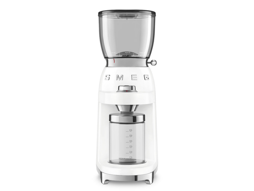 Molinillo de café - Smeg CGF01WHEU, 150 W, 350 g, 3 Grados de molido, Acero inoxidable, Retro, Blanco