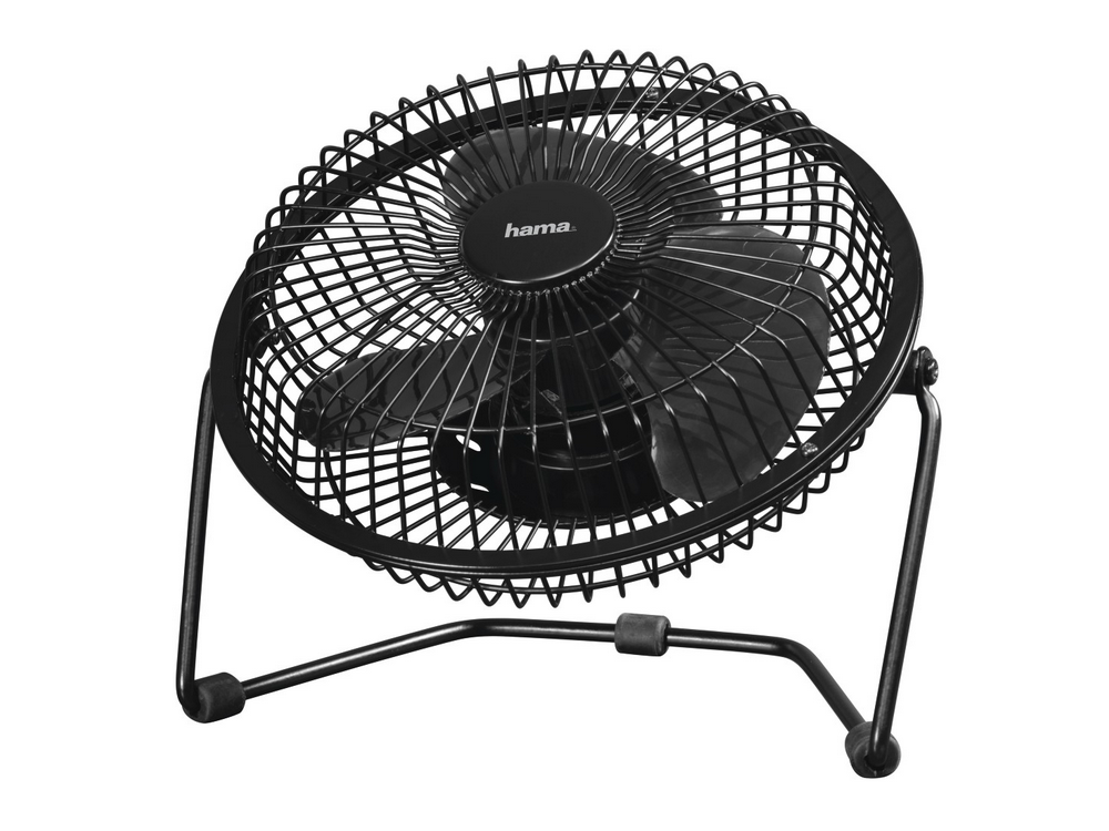 Un ventilador de escritorio negro con una jaula circular y soporte sobre un fondo blanco.