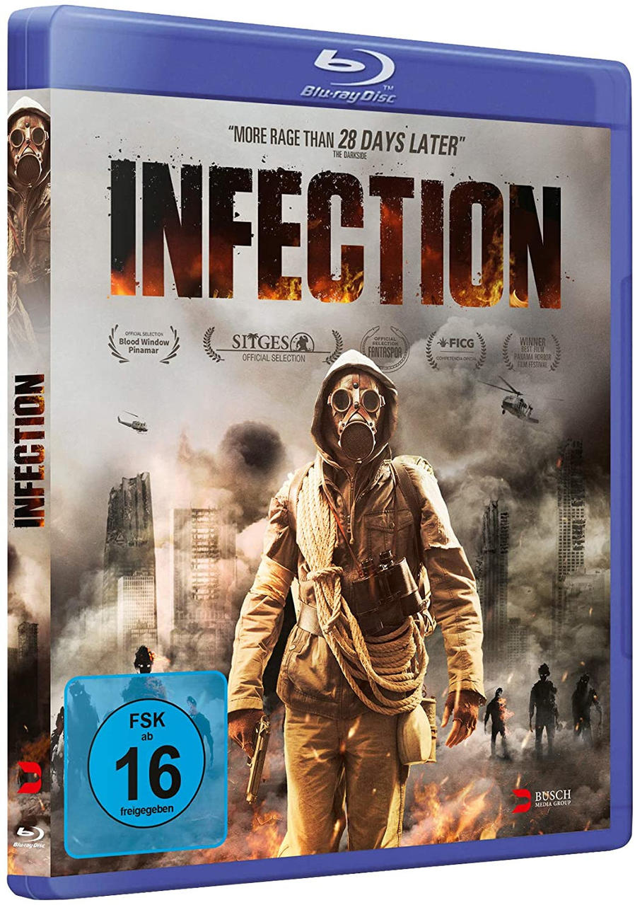 Ein Filmcover einer Person mit Gasmaske, betitelt 'Infection'.