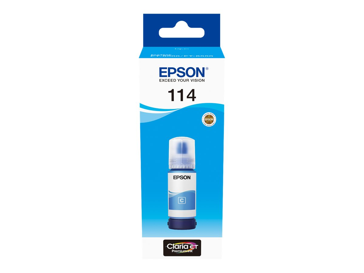 Epson Tintenpatronenbox, blau und weiß, mit klarer Tintenflasche darin.