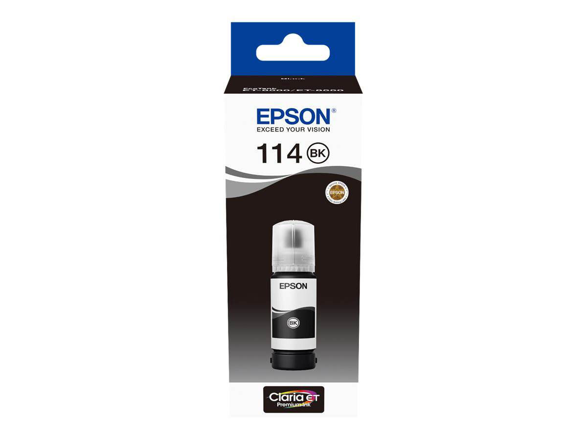 Epson 114 BK Tintenpatronenbox. Schwarze Tintenflasche sichtbar.