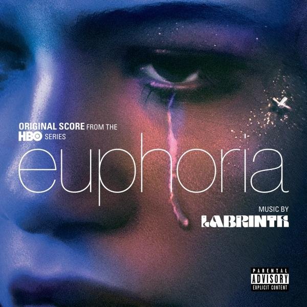 Euphoria Albumcover. Gesicht mit Träne, lila Ton, Text und Parental Advisory Label.