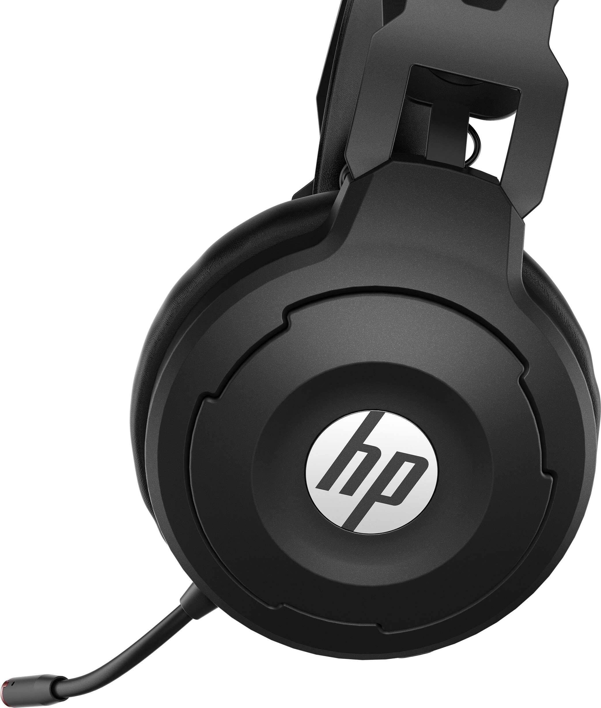 Eine Nahaufnahme eines schwarzen HP-Headsets mit deutlich sichtbarem HP-Logo.