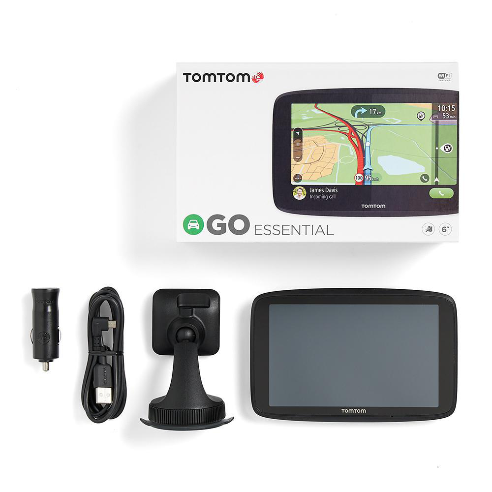 TomTom Navigationsgerät GO Essential (6 Zoll, Stauvermeidung dank TomTom Traffic, Karten-Updates Europa, Freisprechen, Updates über Wi-Fi, hochwertige Halterung, TMC)
