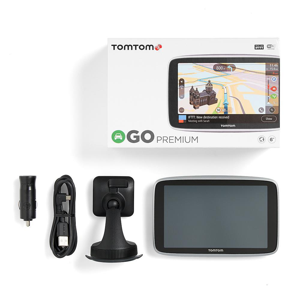 TomTom Navigationsgerät GO Premium (6 Zoll, Stauvermeidung dank TomTom Traffic, Karten-Updates Welt, Updates über Wi-Fi, Freisprechen, hochwertige Halterung)