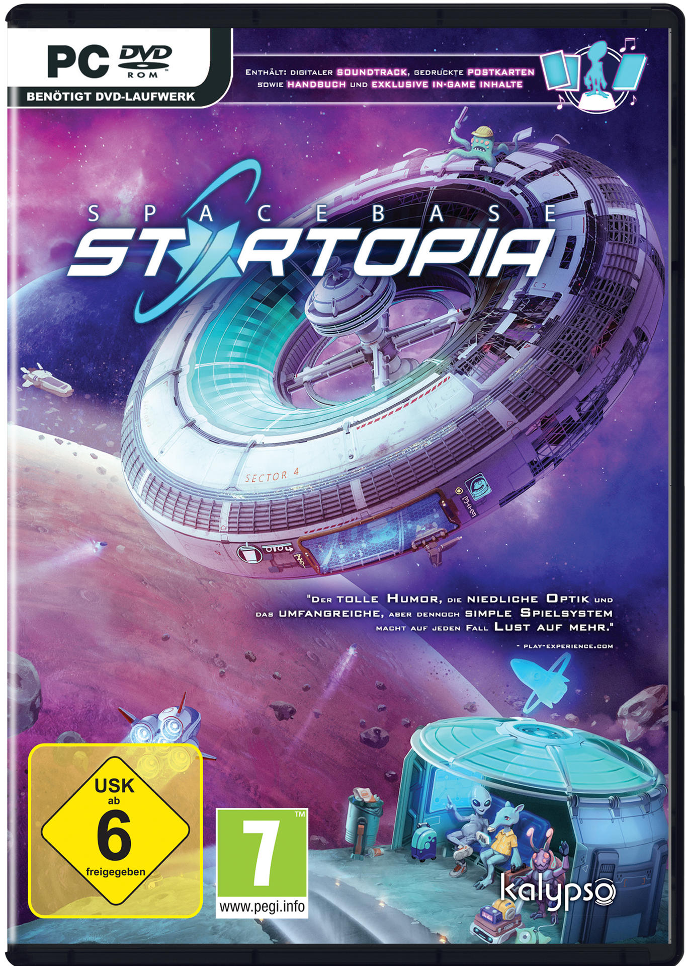 Filmcover für 'Spacebase Startopia' mit Raumstation und Charakteren.