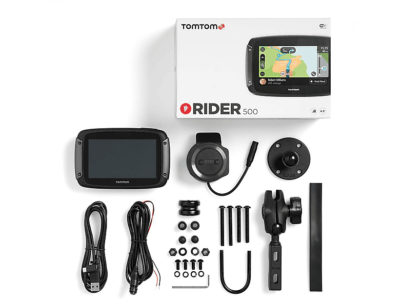 TomTom Motorrad Navi Rider 500 (4,3 Zoll, kurvige und bergige Strecken speziell für Motorräder, Stauvermeidung dank Traffic, Karten-Updates Europa, Motorrad-Halterung, Updates über Wi-Fi)