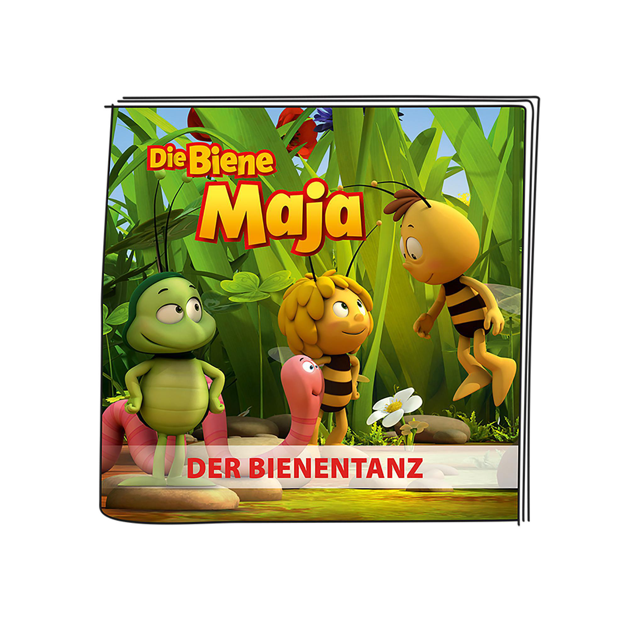 Cartoonfiguren: Biene, Wurm und ein Mädchen mit gestreiftem Oberteil.
